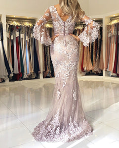 Elegant V-neck Lace Mermaid Prom Dresses Puffy Sleeves