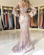 Load image into Gallery viewer, Elegant Puffy Sleeves Lace V-neck Mermaid Prom Evening Dresses

