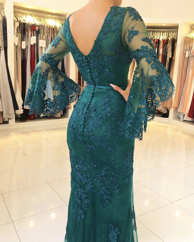 Elegant V-neck Lace Mermaid Prom Dresses Puffy Sleeves