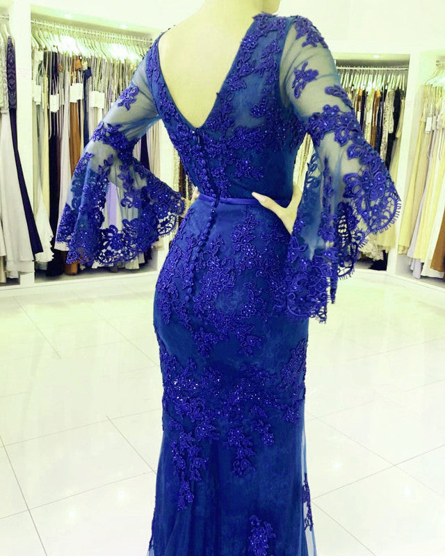 Elegant V-neck Lace Mermaid Prom Dresses Puffy Sleeves