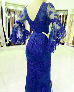 Elegant V-neck Lace Mermaid Prom Dresses Puffy Sleeves