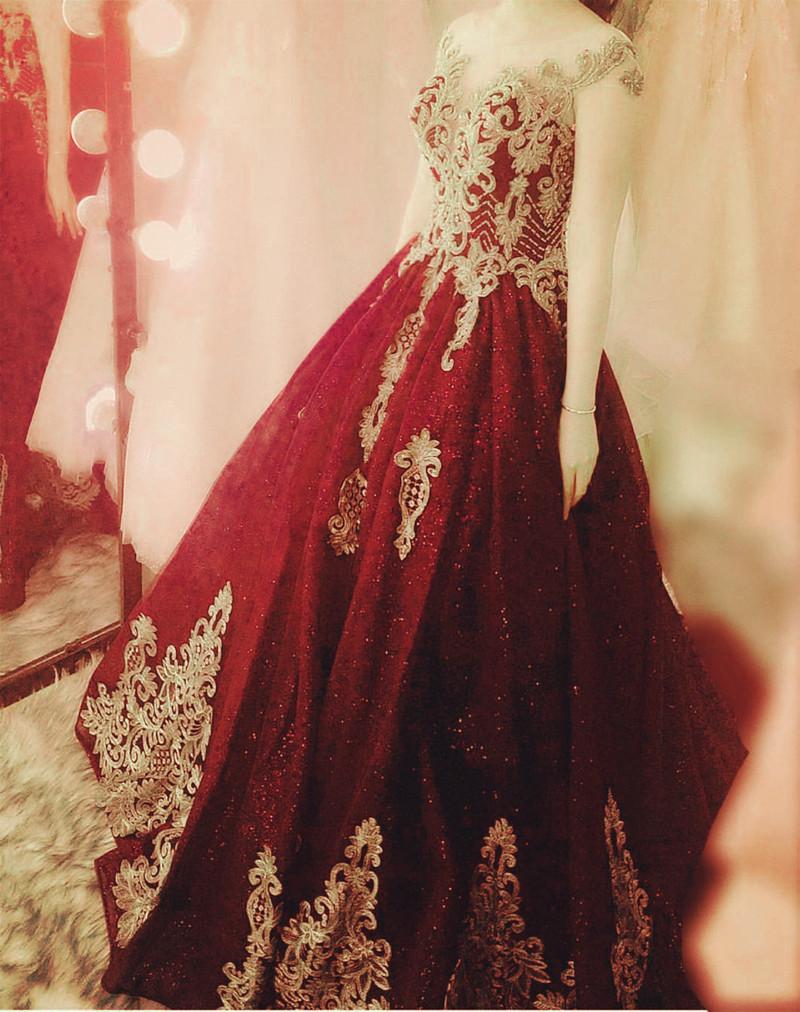 Navy Blue Ball Gowns Wedding Dresses Gold Lace Embroidery