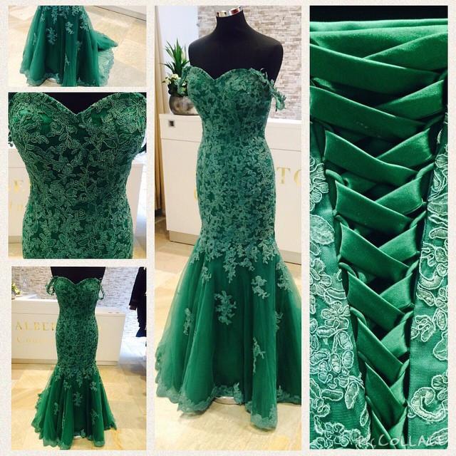Elegant Green Lace Mermaid Evening Dresses 2017 Women's Prom Gowns