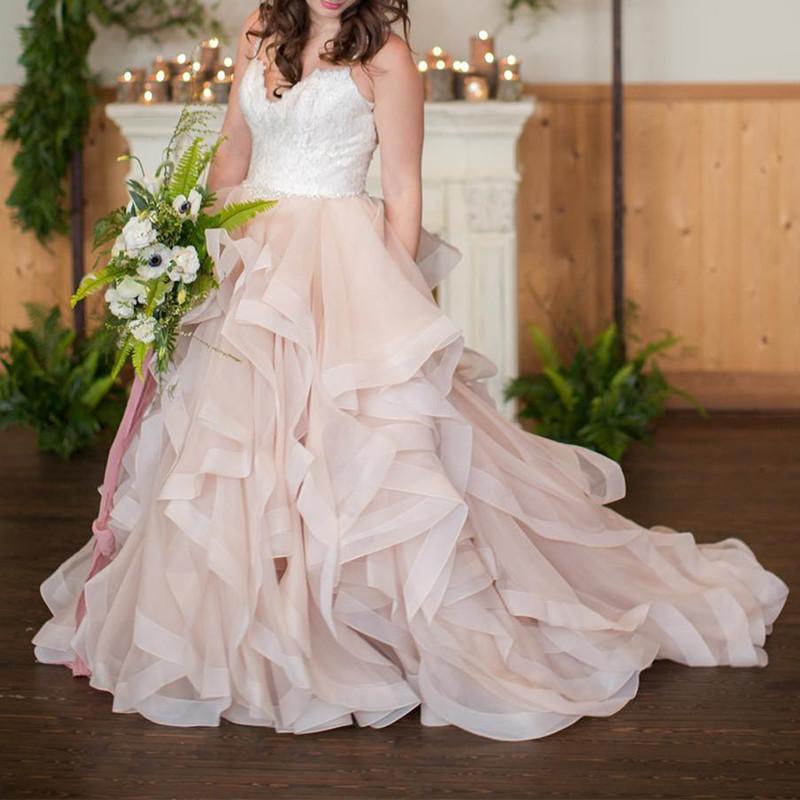 Blush Pink Organza Ruffles Ball Gowns Wedding Dresses With White Lace Top