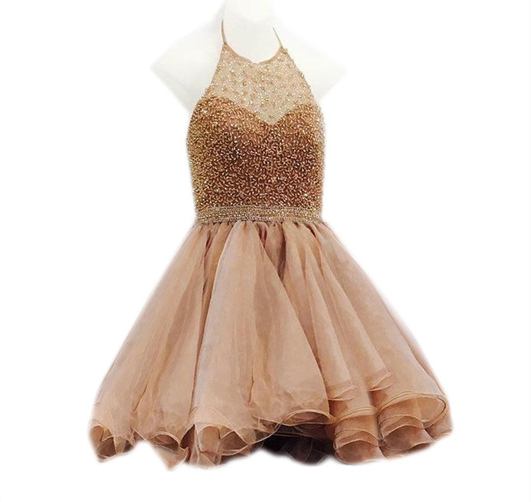 Short Beaded Halter Organza Ruffles Champagne Homecoming Dresses 2017