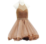Load image into Gallery viewer, Short Beaded Halter Organza Ruffles Champagne Homecoming Dresses 2017
