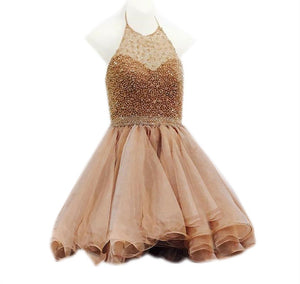 Short Beaded Halter Organza Ruffles Champagne Homecoming Dresses 2017