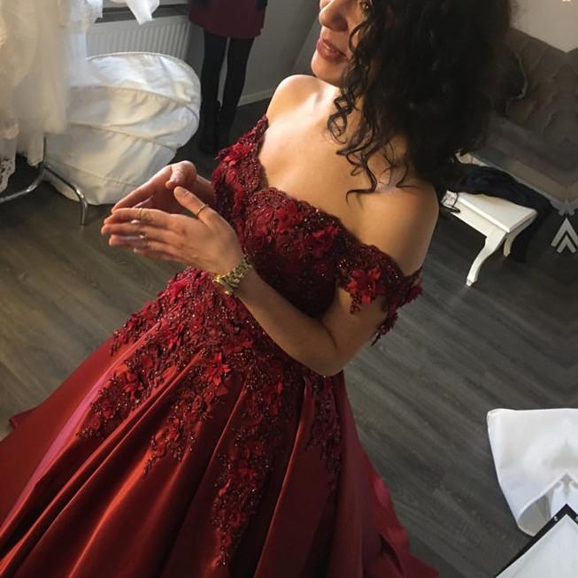 Maroon Satin Wedding Dresses Ball Gowns Lace Off Shoulder
