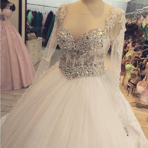 Sheer Long Sleeves Crystal Beaded Ball Gowns Wedding Dresses Lace Appliques