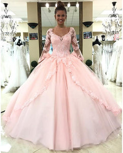 Pink Lace Appliques Ball Gowns Quinceanera Dresses Long Sleeves