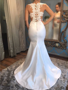 Elegant White Satin Mermaid Wedding Dresses Lace Appliques