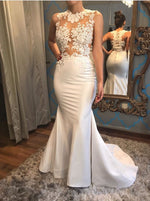 Load image into Gallery viewer, Elegant White Satin Mermaid Wedding Dresses Lace Appliques
