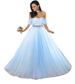 Load image into Gallery viewer, Baby Blue Tulle Quinceanera Dress Ball Gowns Lace Off Shoulder
