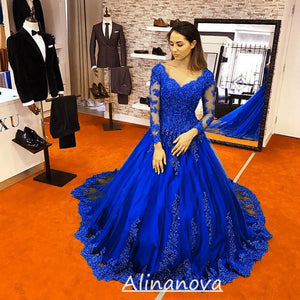 Lace Appliques Long Sleeves V Neck Ball Gowns Wedding Dresses