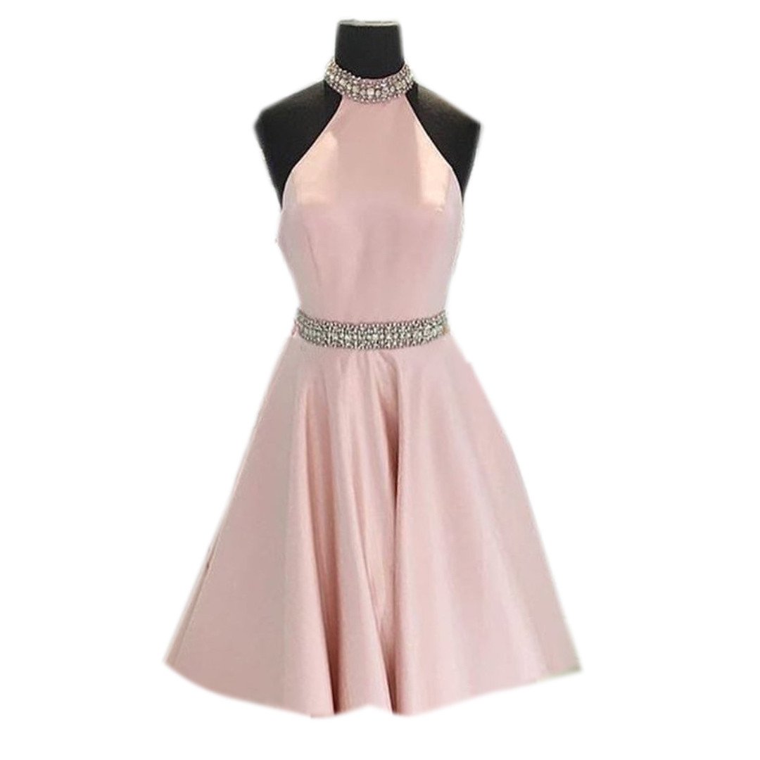 Crystal Beaded High Neck Short Pink Satin Homecoming Dresses 2022