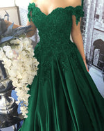 Load image into Gallery viewer, Emerald Green Lace Flower Off Shoulder Prom Dresses 2020
