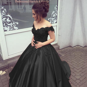Elegant V Neck Lace Off Shoulder Ball Gowns Satin Dress For Wedding