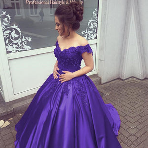 Elegant V Neck Lace Off Shoulder Ball Gowns Satin Dress For Wedding