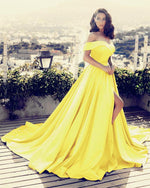 Load image into Gallery viewer, Yellow-Prom-Dresses-2019-Long-Satin-Split-Evening-Gowns
