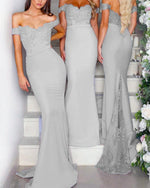 Load image into Gallery viewer, Long-Gray-Bridesmaid-Dresses-Lace-Off-The-Shoulder-Formal-Occasion-Dresses-For-Wedding-Party
