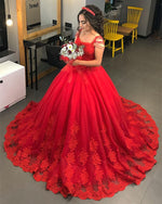 Load image into Gallery viewer, Red Lace Appliques Wedding Dresses Ball Gowns With Tassell
