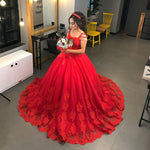 Load image into Gallery viewer, Red Lace Appliques Wedding Dresses Ball Gowns With Tassell
