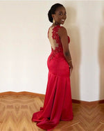 Load image into Gallery viewer, Red Satin Mermaid Prom Dresses Lace Appliques Evening Gowns
