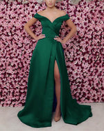 Cargar imagen en el visor de la galería, Sexy Off The Shoulder Long Satin V-neck Bridesmaid Dresses Leg Split

