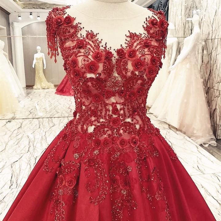 Burgundy Satin Ball Gowns Dresses Lace Embroidery For Wedding Party