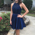 Load image into Gallery viewer, A Line Beaded Halter Satin Homecoming Dresses Short Prom Gowns 2017
