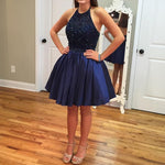 Load image into Gallery viewer, A Line Beaded Halter Satin Homecoming Dresses Short Prom Gowns 2017
