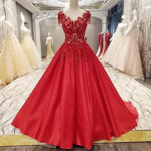 Burgundy Satin Ball Gowns Dresses Lace Embroidery For Wedding Party