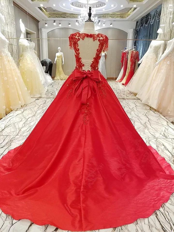 Burgundy Satin Ball Gowns Dresses Lace Embroidery For Wedding Party