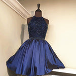 Load image into Gallery viewer, A Line Beaded Halter Satin Homecoming Dresses Short Prom Gowns 2017
