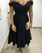 Cargar imagen en el visor de la galería, Navy-Blue-Bridesmaid-Dresses-Tea-Length-Party-Dresses
