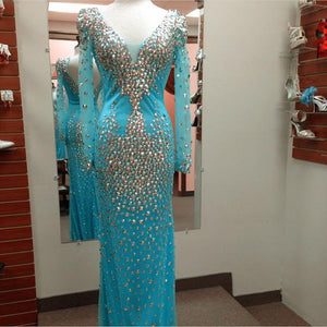 Long Sleeves Crystal Mermaid Prom Dresses 2017