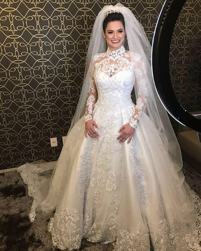 High Neck Long Sleeves Wedding Lace Dresses