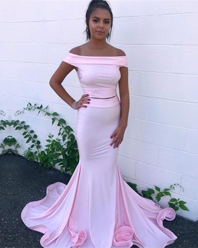 two piece off the shoulder mermaid prom dress Two Piece Off the Shoulder Yellow Mermaid Long Prom Dress