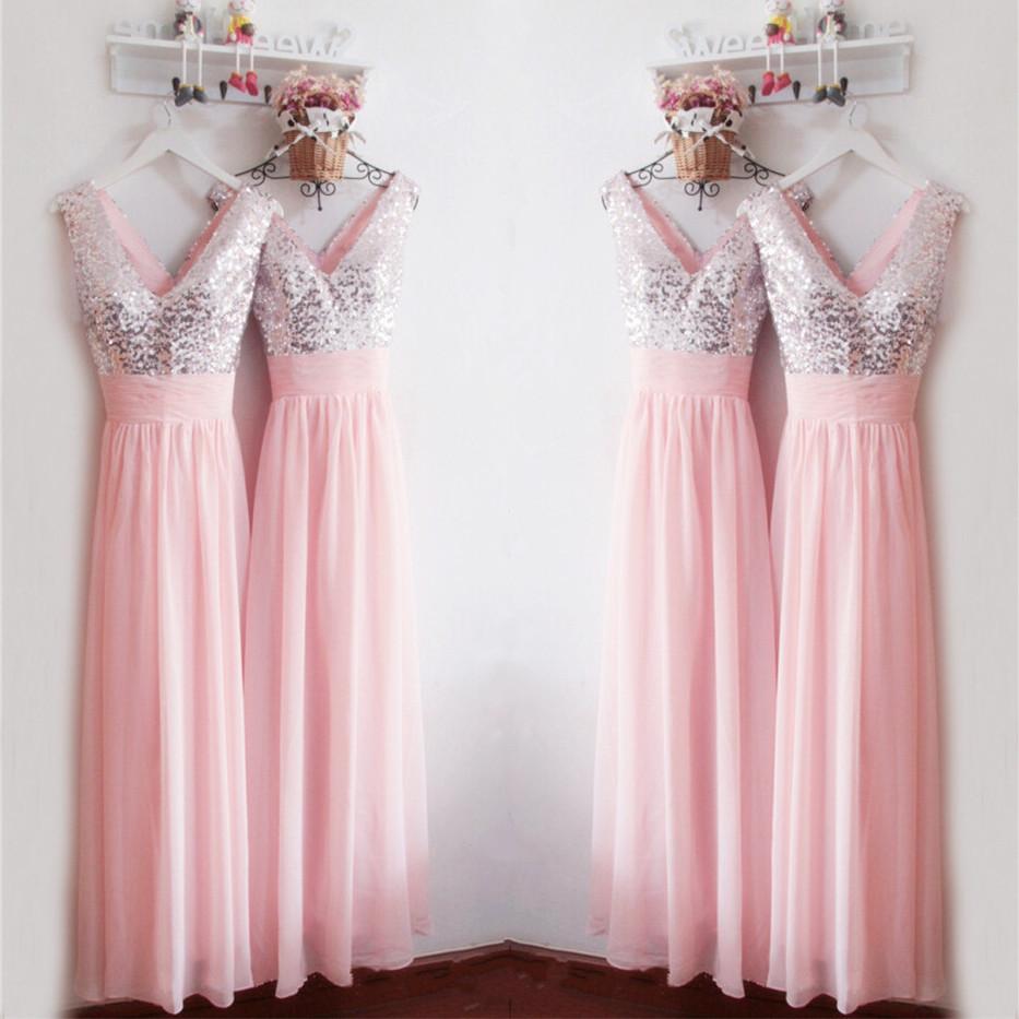 Glitter Sequins V Neck Long Chiffon Pink Bridesmaid Dresses 2017