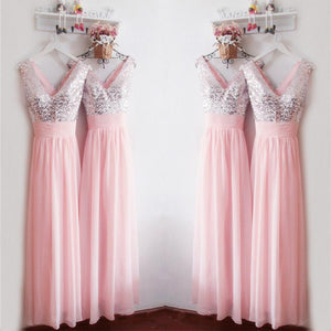Glitter Sequins V Neck Long Chiffon Pink Bridesmaid Dresses 2017
