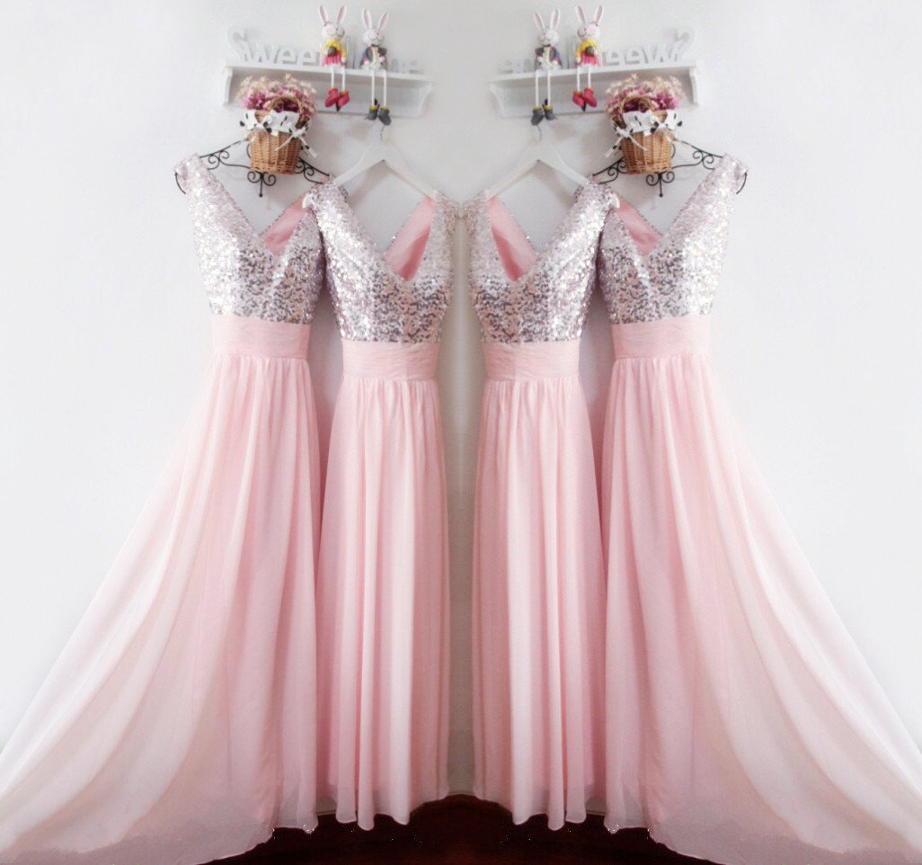 Glitter Sequins V Neck Long Chiffon Pink Bridesmaid Dresses 2017
