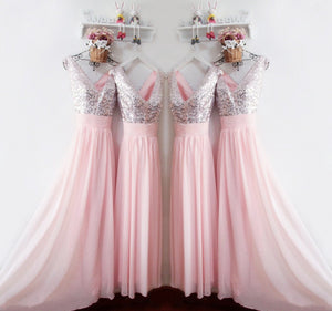 Glitter Sequins V Neck Long Chiffon Pink Bridesmaid Dresses 2017