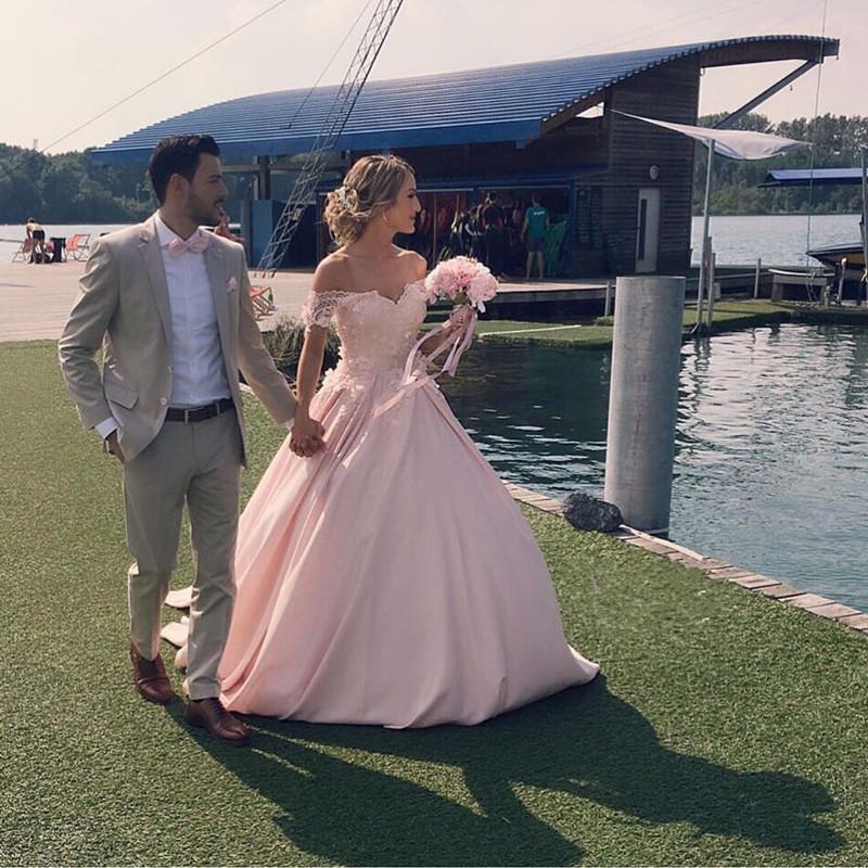 Beautiful Lace Off The Shoulder Ball Gown Satin Dresses