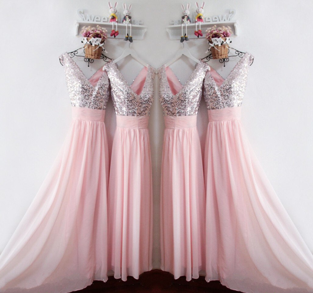Glitter Sequins V Neck Long Chiffon Pink Bridesmaid Dresses 2017