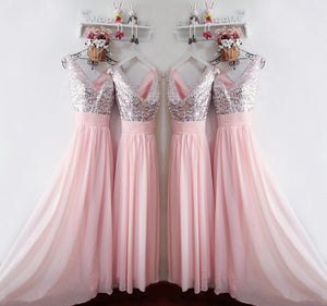Glitter Sequins V Neck Long Chiffon Pink Bridesmaid Dresses 2017