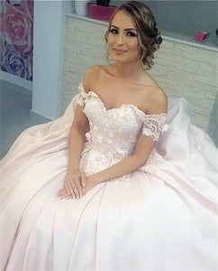 Beautiful Lace Off The Shoulder Ball Gown Satin Dresses
