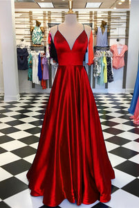 Long Prom Dresses 2019 Satin V-neck Floor Length Evening Gowns