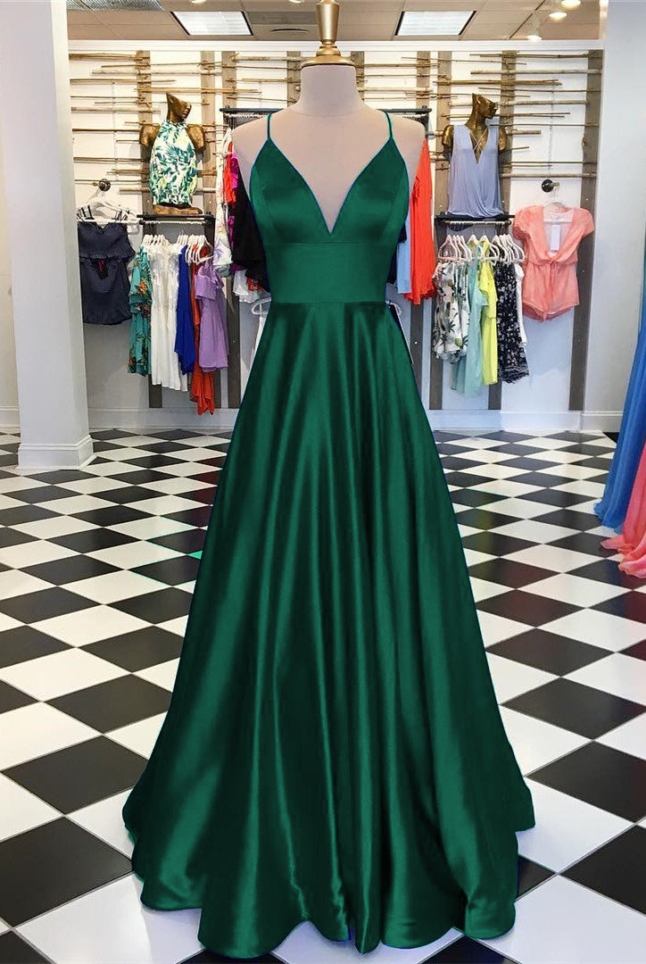 Long Prom Dresses 2019 Satin V-neck Floor Length Evening Gowns