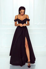 Load image into Gallery viewer, Spaghetti Straps Off Shoulder Long Satin Prom Dresses Leg Split
