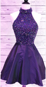 Load image into Gallery viewer, Crystal Beaded High Neck Open Back Satin Homecoming Dresses
